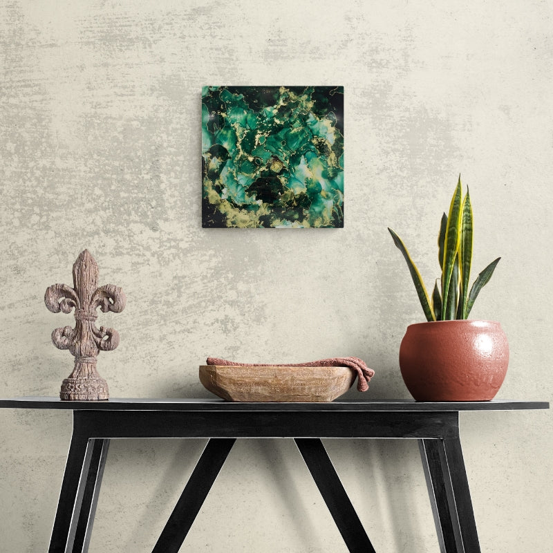 Modern / contemporary green abstract painting with gold accents by Anastassia Chouryguina of Anastassia Fine Art, based in Toronto Canada. Anastassia is an abstract-realism artist offering custom art commissions. 