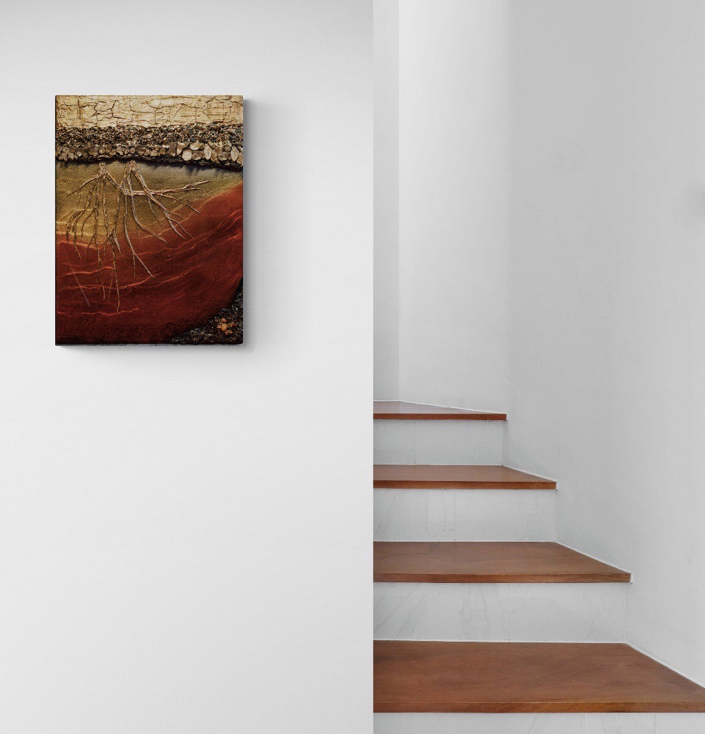 Modern / contemporary red and gold art, featuring crystals and 3d sculptural elements by Anastassia Chouryguina of Anastassia Fine Art, based in Toronto Canada. Anastassia is an abstract-realism artist offering custom art commissions. 