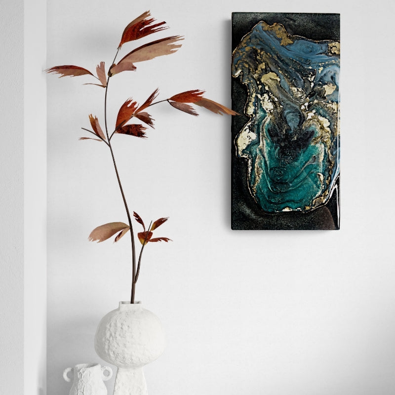 Modern / contemporary green and blue resin art inspired by nature and earth formations. Created by Anastassia Chouryguina of Anastassia Fine Art, based in Toronto Canada. Anastassia is an abstract-realism artist offering custom art commissions. 